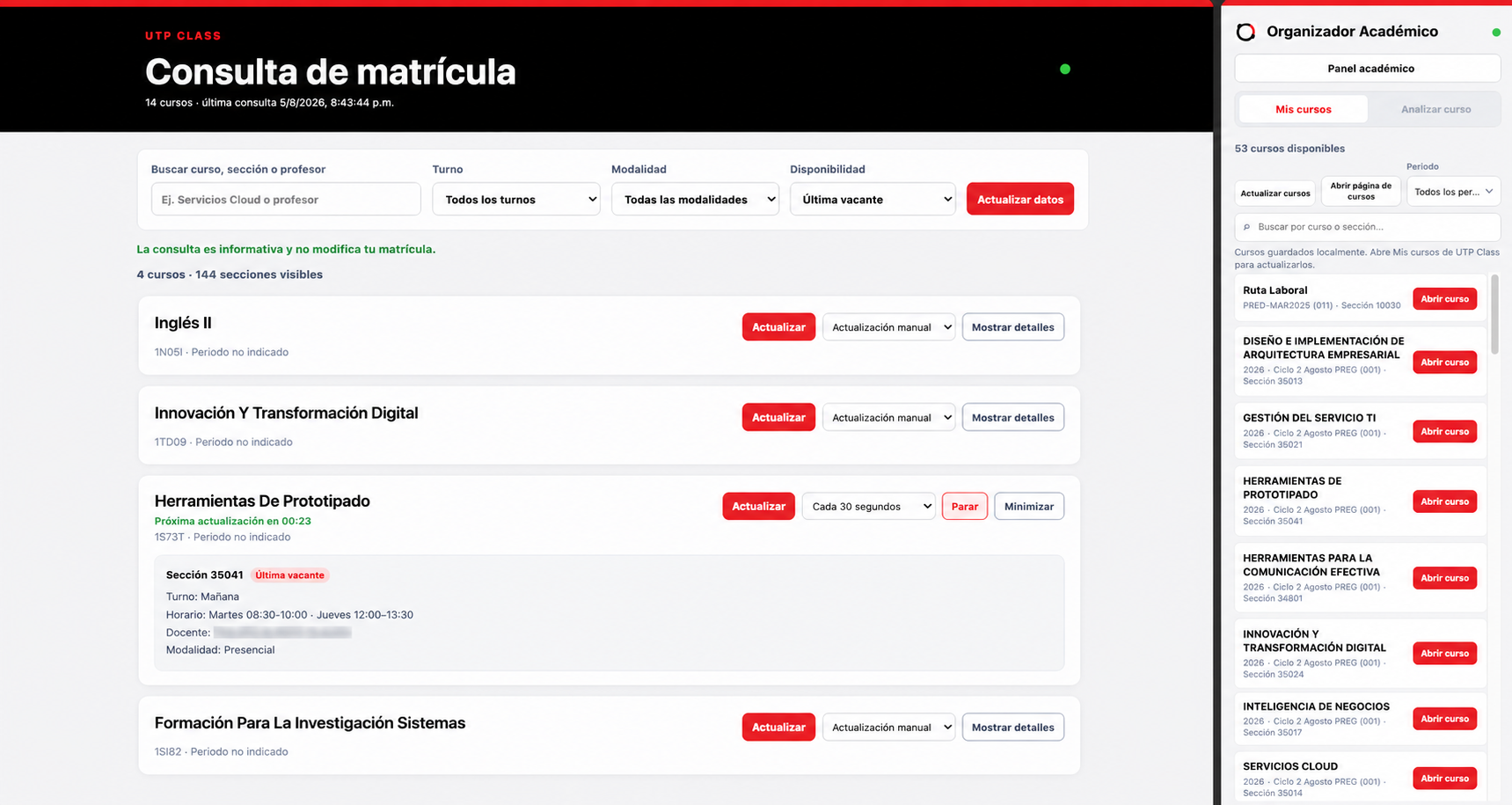 UTPlus mostrando una consulta informativa de matrícula