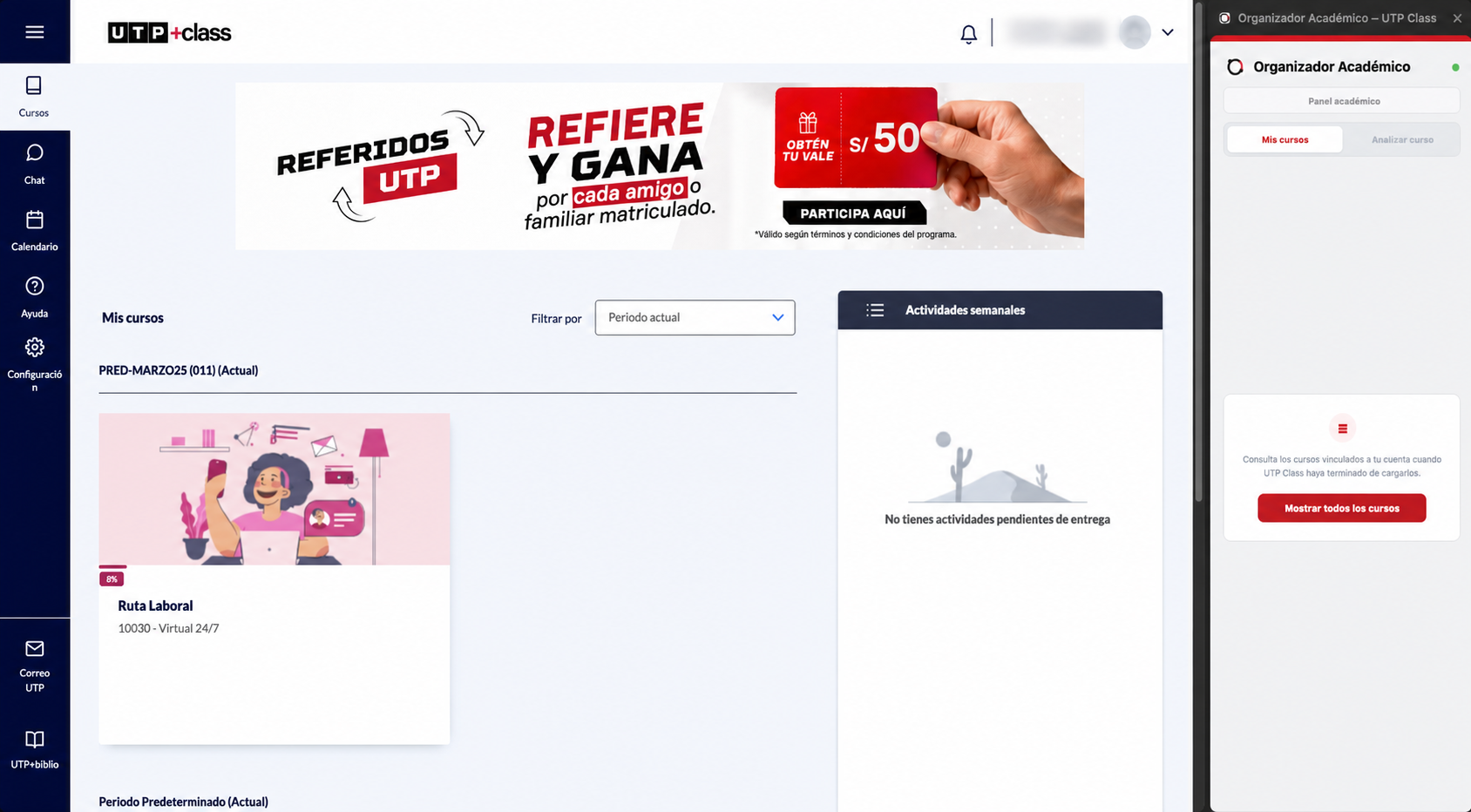 UTPlus mostrando cursos disponibles